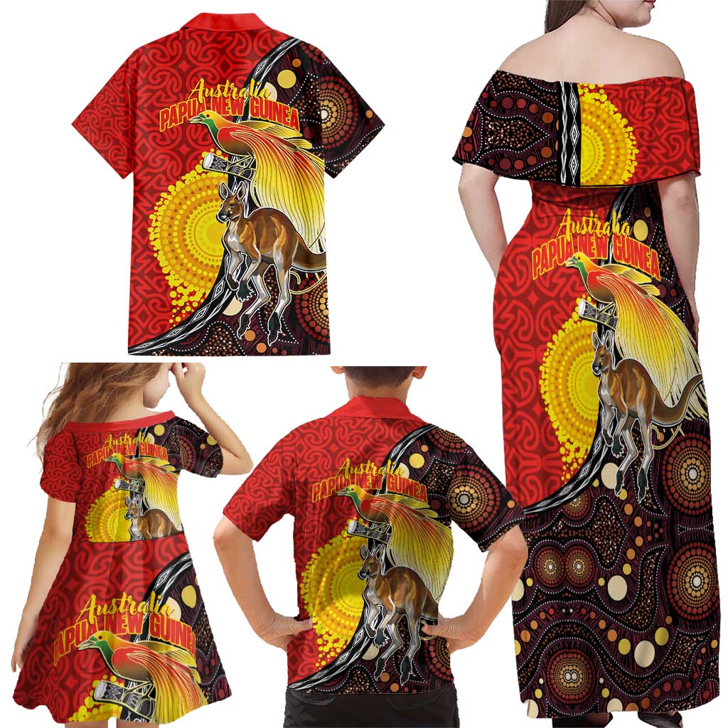 Australia and Papua New Guinea Together Family Matching Off Shoulder Maxi Dress and Hawaiian Shirt Bird-of-paradise and Kangaroo with Oro Tapa and Aboriginal Art Motifs - Aussie Hoodie