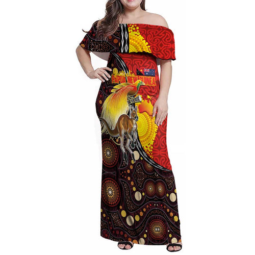 Australia and Papua New Guinea Together Family Matching Off Shoulder Maxi Dress and Hawaiian Shirt Bird-of-paradise and Kangaroo with Oro Tapa and Aboriginal Art Motifs - Aussie Hoodie