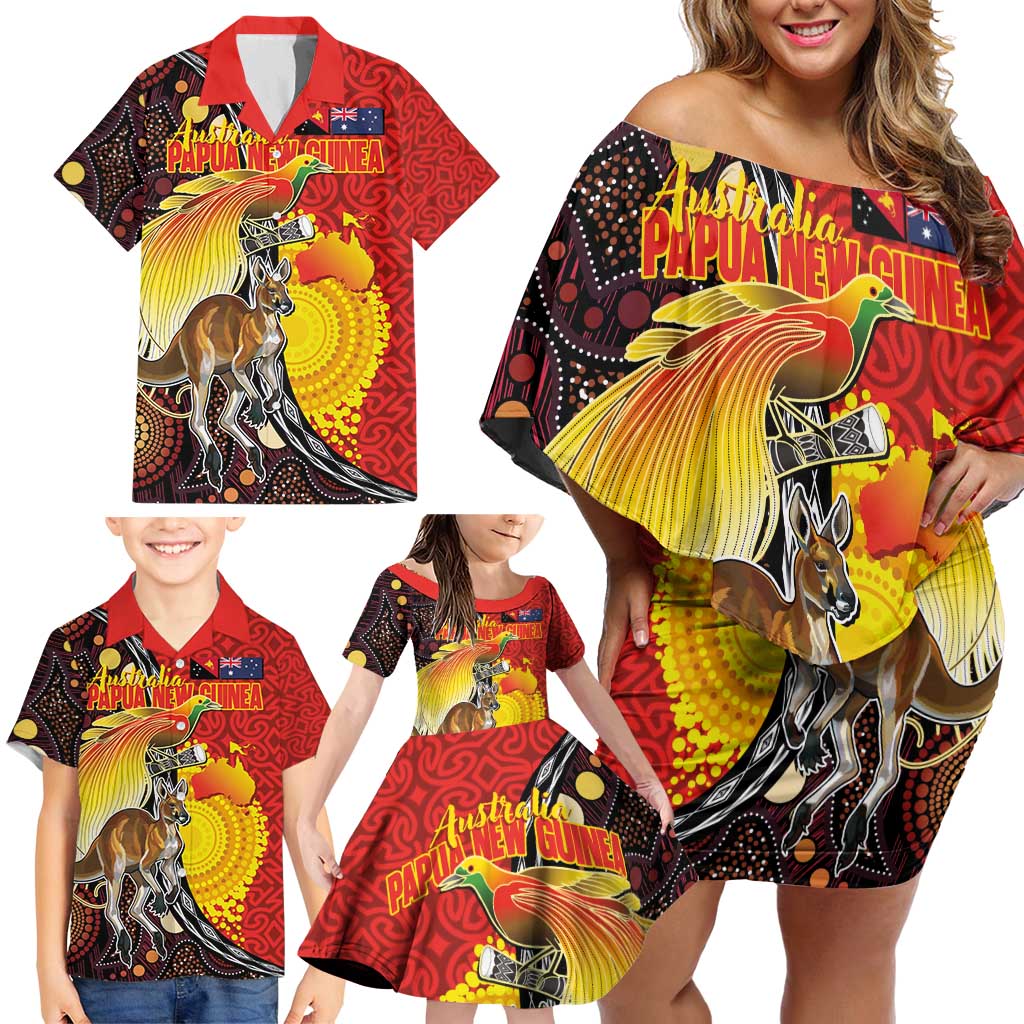 Australia and Papua New Guinea Together Family Matching Off Shoulder Short Dress and Hawaiian Shirt Bird-of-paradise and Kangaroo with Oro Tapa and Aboriginal Art Motifs - Aussie Hoodie