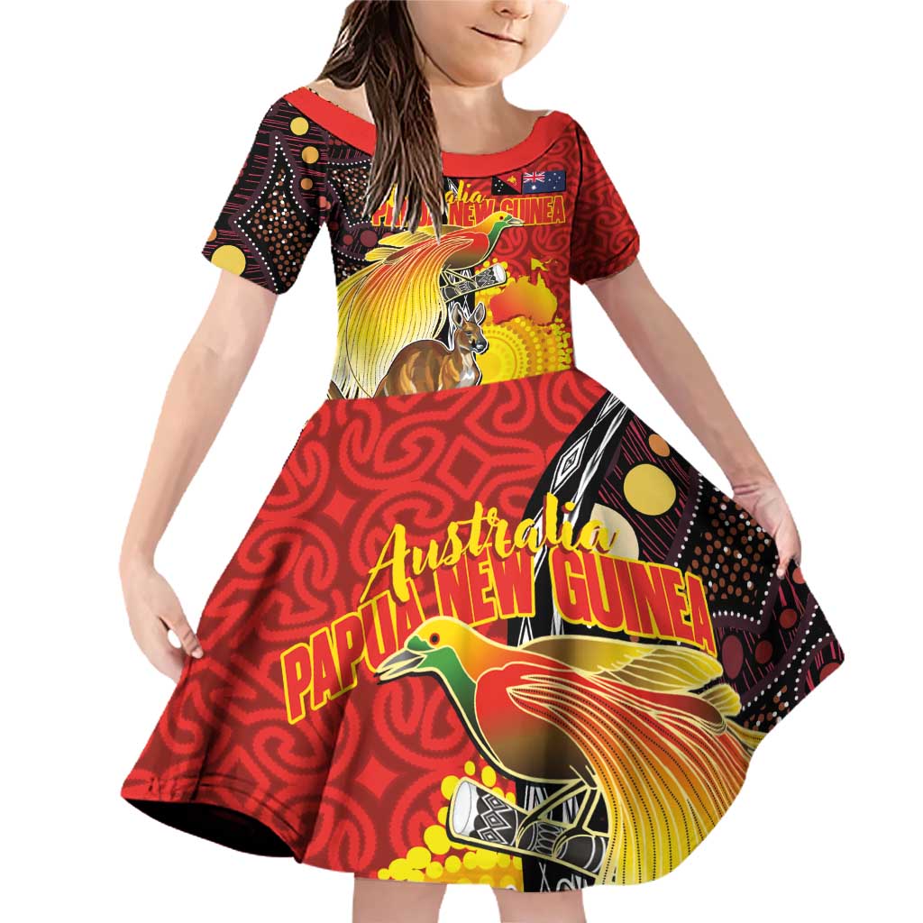 Australia and Papua New Guinea Together Family Matching Off Shoulder Short Dress and Hawaiian Shirt Bird-of-paradise and Kangaroo with Oro Tapa and Aboriginal Art Motifs - Aussie Hoodie