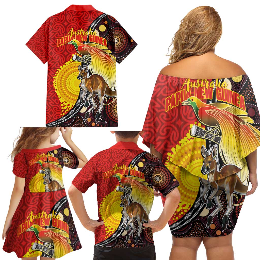 Australia and Papua New Guinea Together Family Matching Off Shoulder Short Dress and Hawaiian Shirt Bird-of-paradise and Kangaroo with Oro Tapa and Aboriginal Art Motifs - Aussie Hoodie