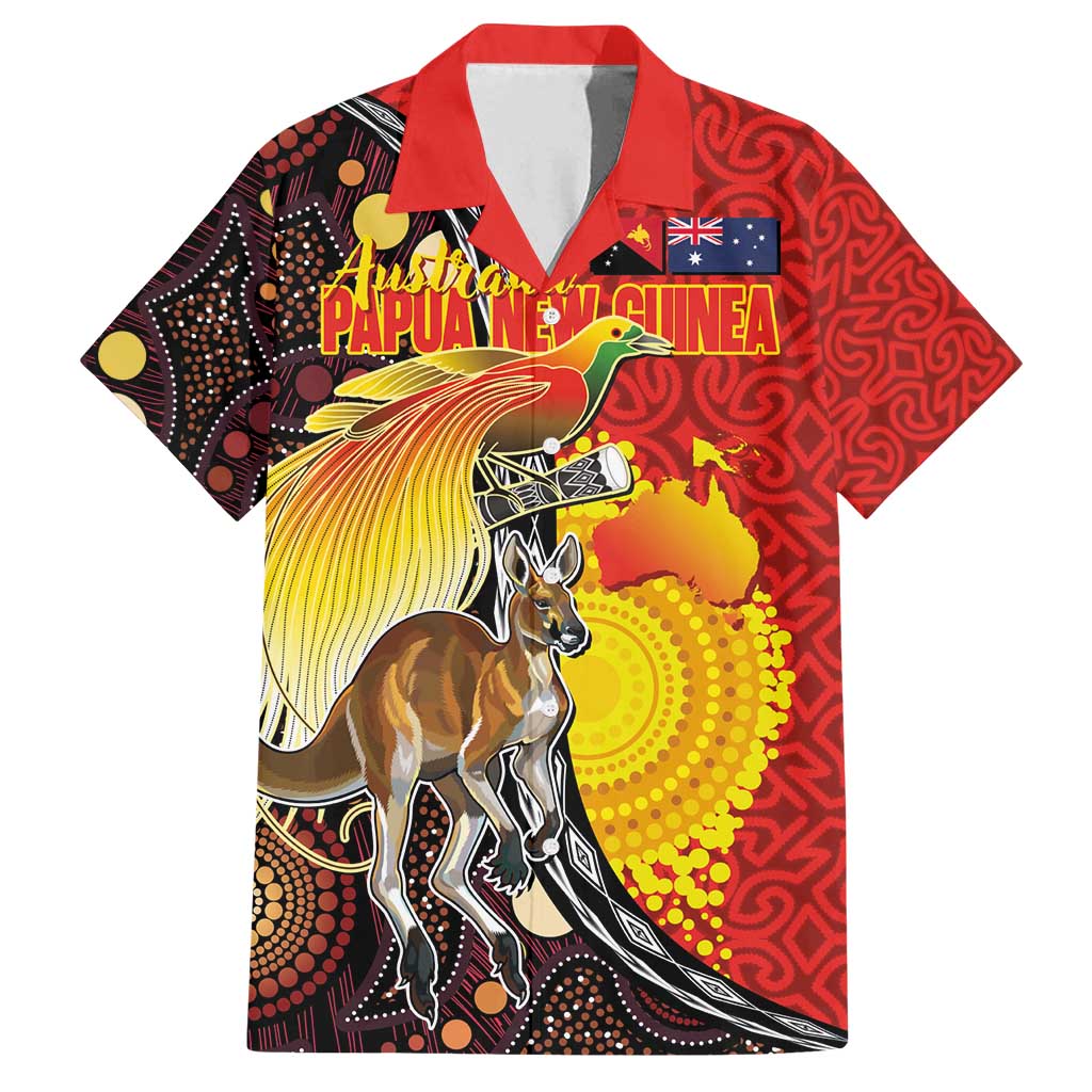 Australia and Papua New Guinea Together Family Matching Off Shoulder Short Dress and Hawaiian Shirt Bird-of-paradise and Kangaroo with Oro Tapa and Aboriginal Art Motifs - Aussie Hoodie