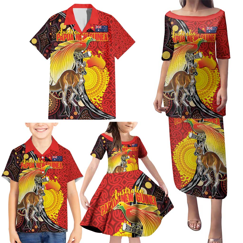 Australia and Papua New Guinea Together Family Matching Puletasi and Hawaiian Shirt Bird-of-paradise and Kangaroo with Oro Tapa and Aboriginal Art Motifs - Aussie Hoodie