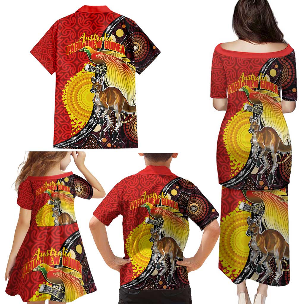 Australia and Papua New Guinea Together Family Matching Puletasi and Hawaiian Shirt Bird-of-paradise and Kangaroo with Oro Tapa and Aboriginal Art Motifs - Aussie Hoodie
