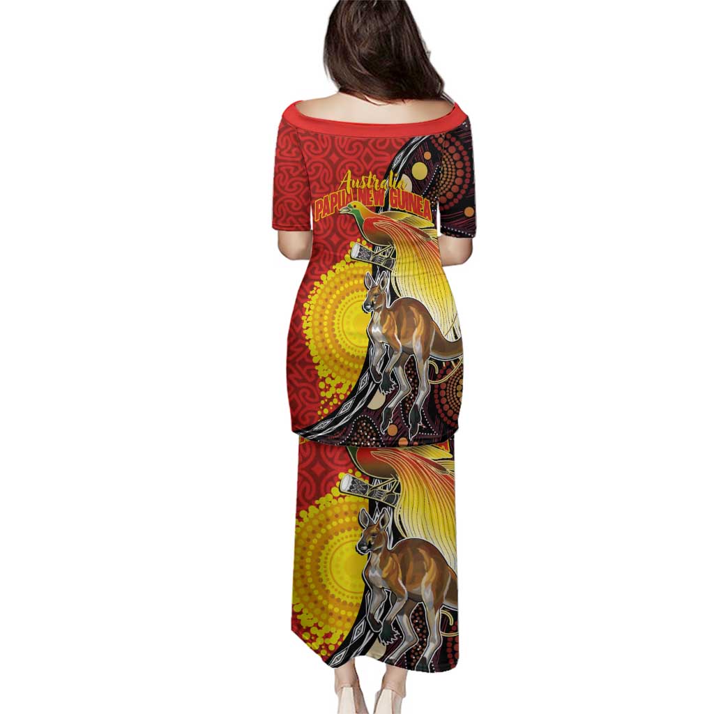 Australia and Papua New Guinea Together Family Matching Puletasi and Hawaiian Shirt Bird-of-paradise and Kangaroo with Oro Tapa and Aboriginal Art Motifs - Aussie Hoodie
