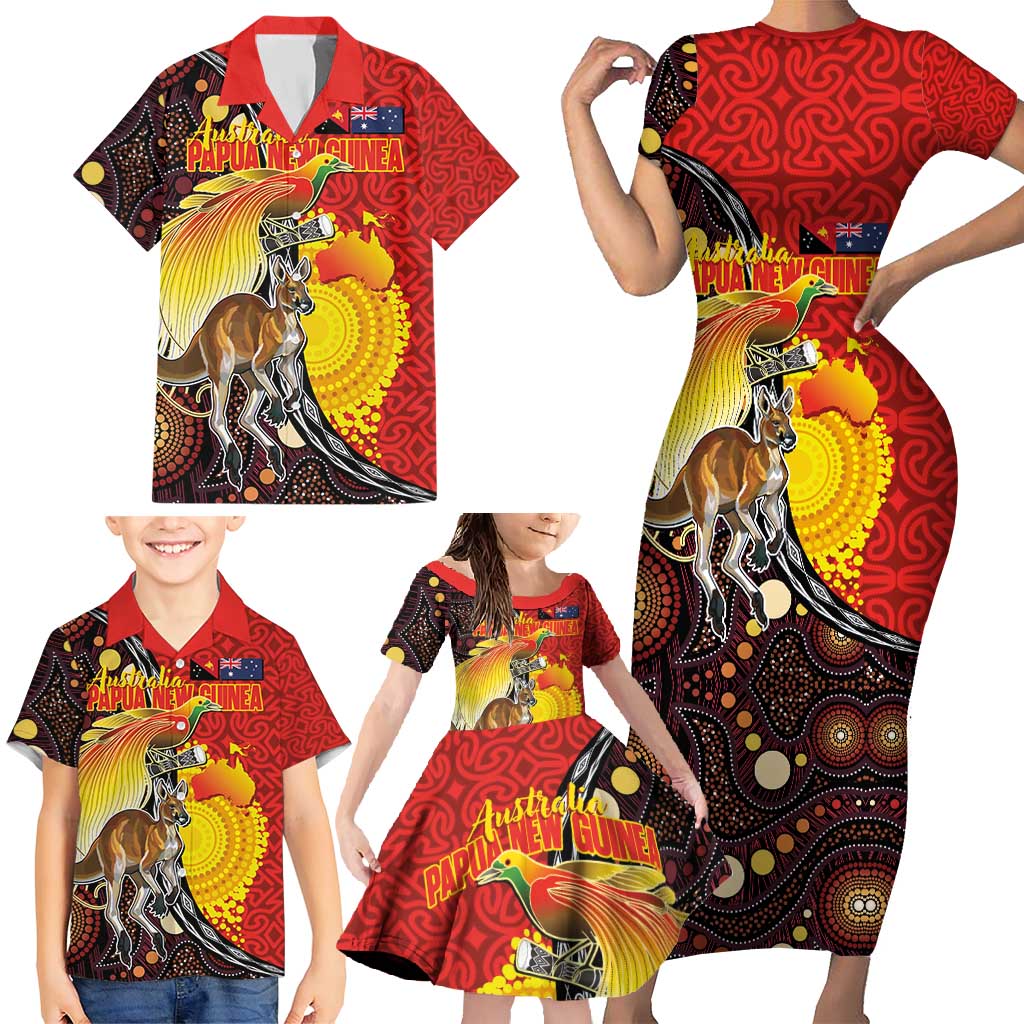 Australia and Papua New Guinea Together Family Matching Short Sleeve Bodycon Dress and Hawaiian Shirt Bird-of-paradise and Kangaroo with Oro Tapa and Aboriginal Art Motifs - Aussie Hoodie