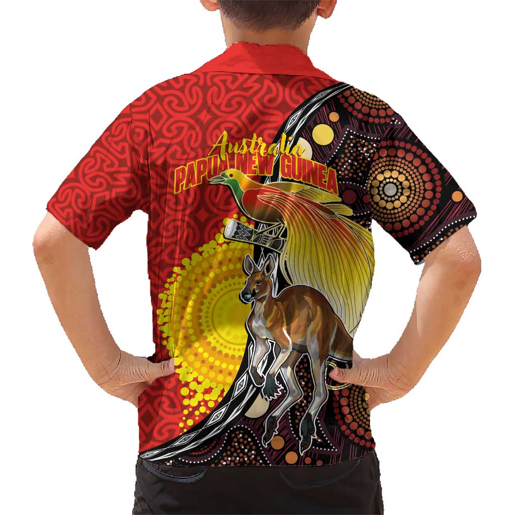 Australia and Papua New Guinea Together Family Matching Short Sleeve Bodycon Dress and Hawaiian Shirt Bird-of-paradise and Kangaroo with Oro Tapa and Aboriginal Art Motifs - Aussie Hoodie