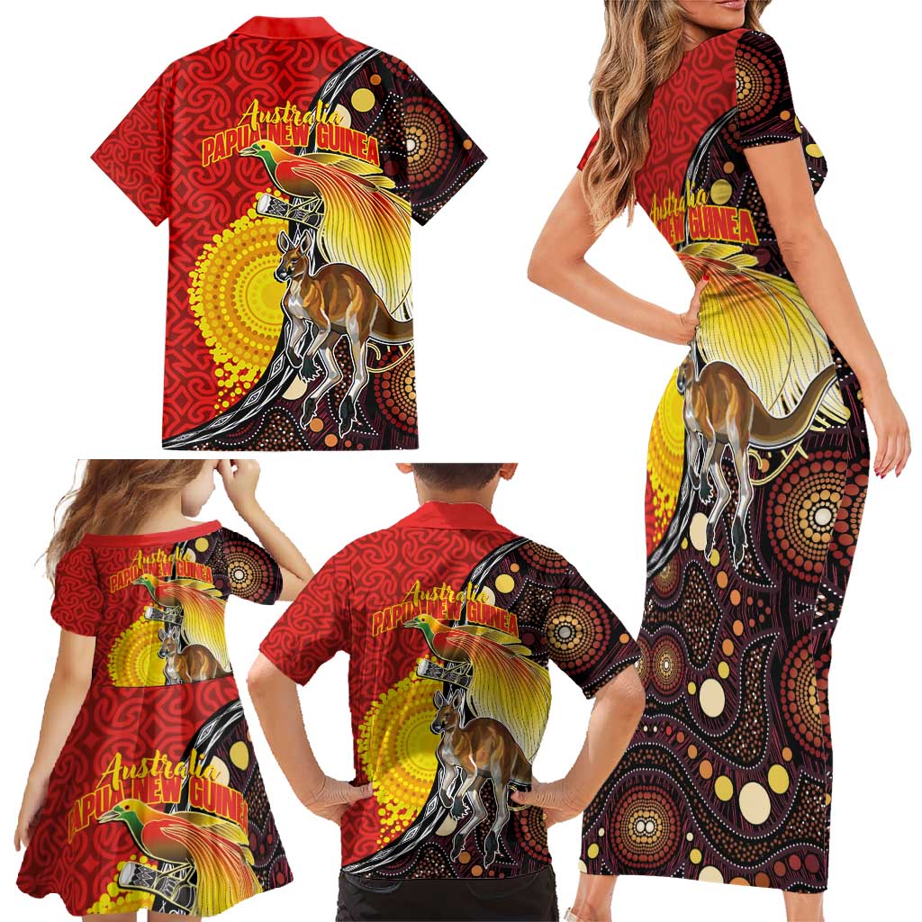 Australia and Papua New Guinea Together Family Matching Short Sleeve Bodycon Dress and Hawaiian Shirt Bird-of-paradise and Kangaroo with Oro Tapa and Aboriginal Art Motifs - Aussie Hoodie