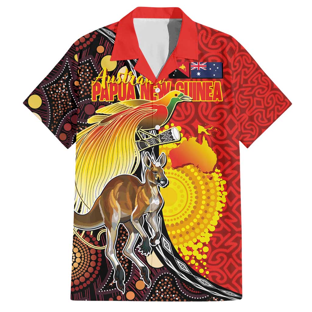 Australia and Papua New Guinea Together Family Matching Short Sleeve Bodycon Dress and Hawaiian Shirt Bird-of-paradise and Kangaroo with Oro Tapa and Aboriginal Art Motifs - Aussie Hoodie