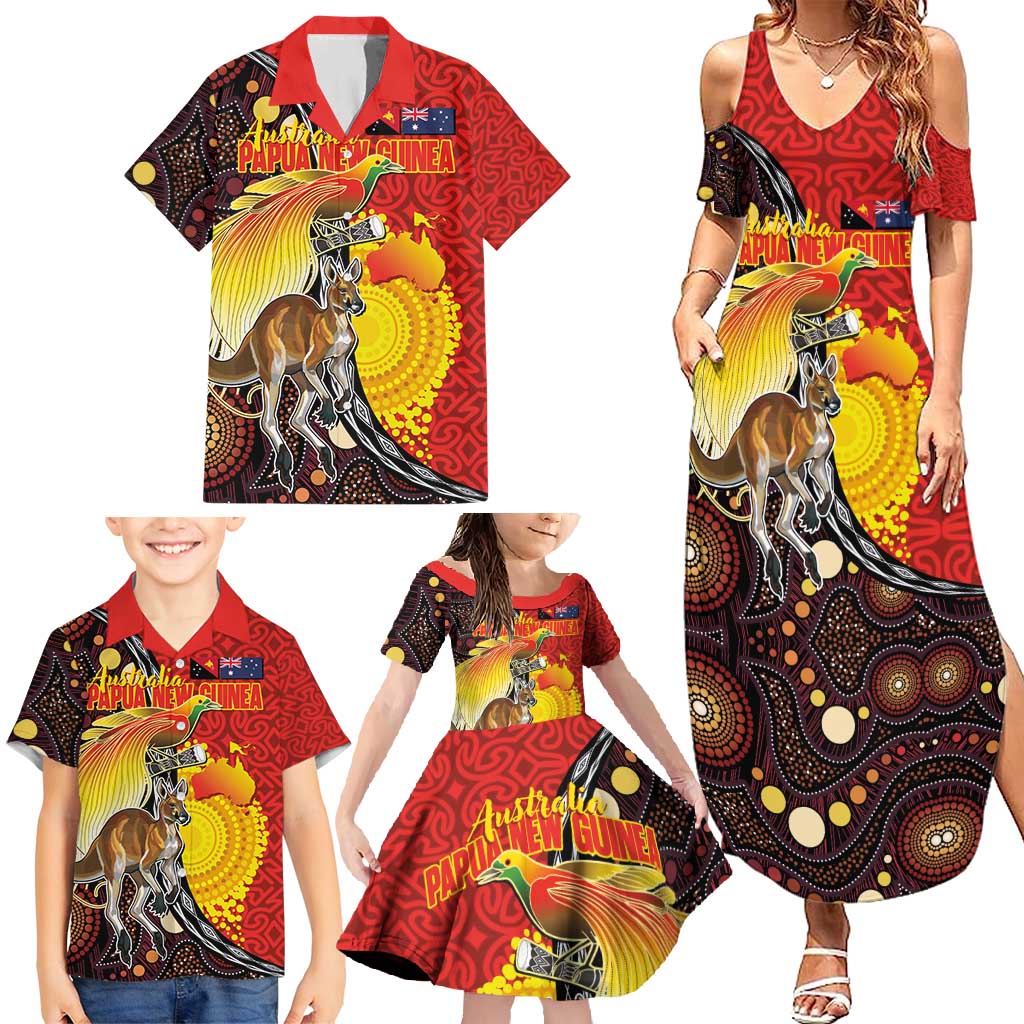 Australia and Papua New Guinea Together Family Matching Summer Maxi Dress and Hawaiian Shirt Bird-of-paradise and Kangaroo with Oro Tapa and Aboriginal Art Motifs - Aussie Hoodie