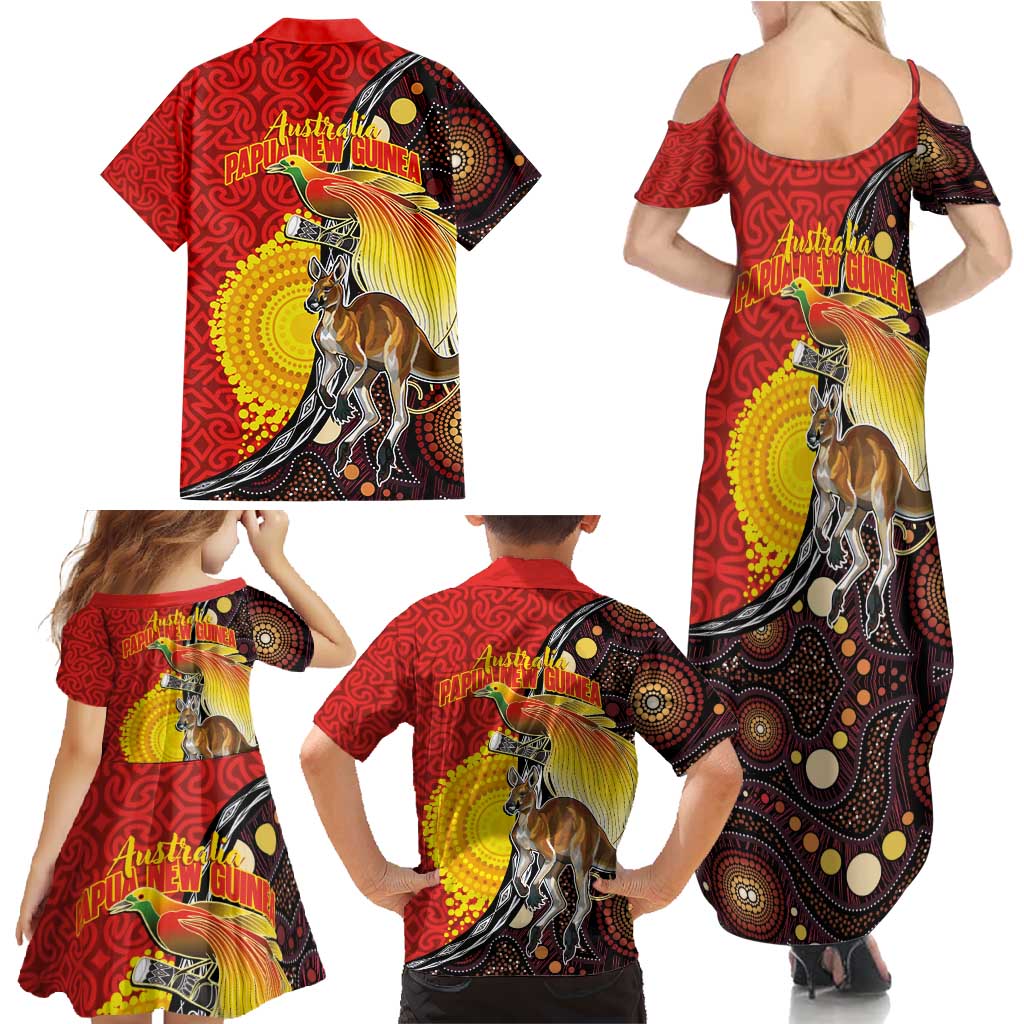 Australia and Papua New Guinea Together Family Matching Summer Maxi Dress and Hawaiian Shirt Bird-of-paradise and Kangaroo with Oro Tapa and Aboriginal Art Motifs - Aussie Hoodie