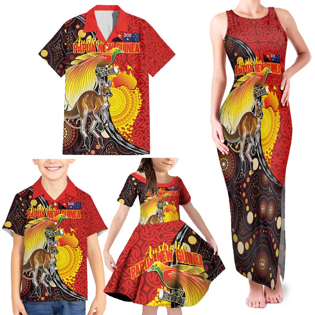 Australia and Papua New Guinea Together Family Matching Tank Maxi Dress and Hawaiian Shirt Bird-of-paradise and Kangaroo with Oro Tapa and Aboriginal Art Motifs - Aussie Hoodie