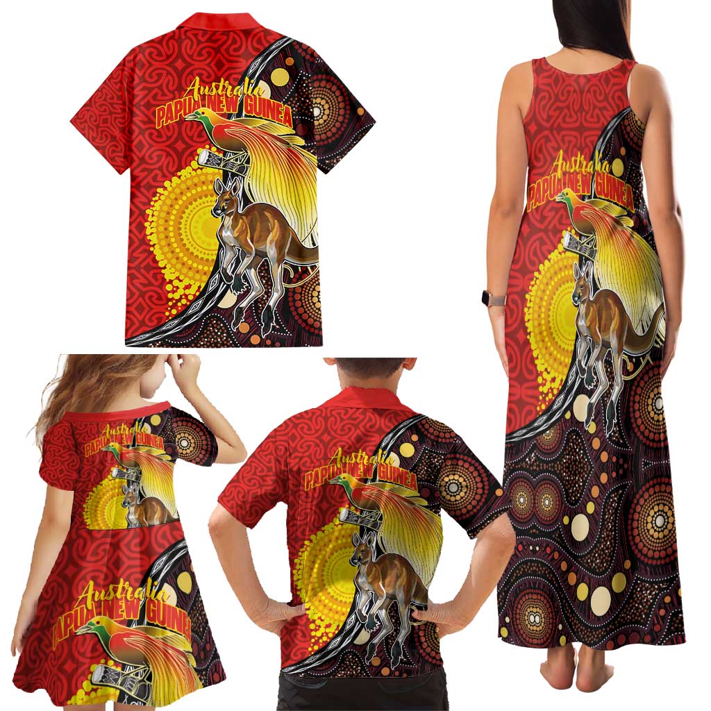 Australia and Papua New Guinea Together Family Matching Tank Maxi Dress and Hawaiian Shirt Bird-of-paradise and Kangaroo with Oro Tapa and Aboriginal Art Motifs - Aussie Hoodie