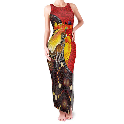 Australia and Papua New Guinea Together Family Matching Tank Maxi Dress and Hawaiian Shirt Bird-of-paradise and Kangaroo with Oro Tapa and Aboriginal Art Motifs - Aussie Hoodie
