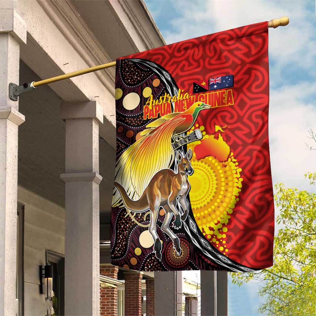 Australia and Papua New Guinea Together Garden Flag Bird-of-paradise and Kangaroo with Oro Tapa and Aboriginal Art Motifs - Aussie Hoodie