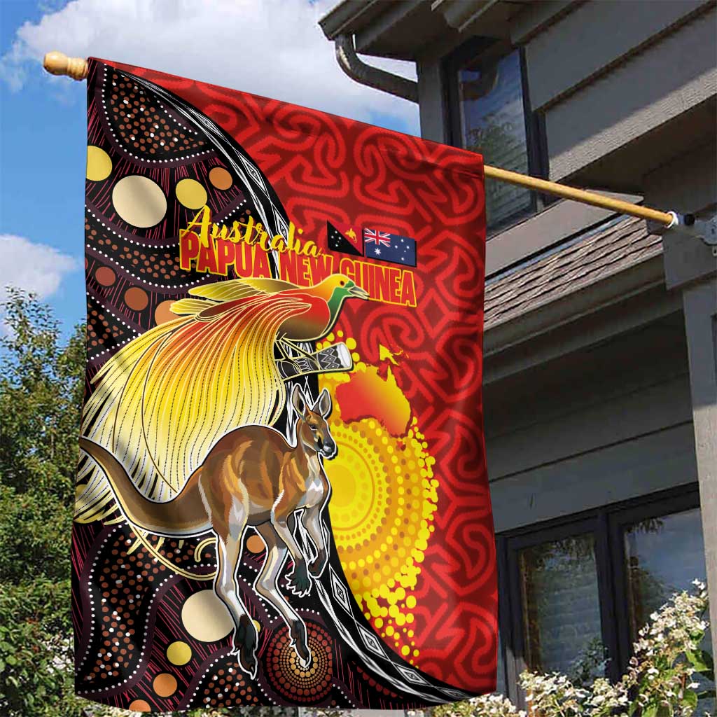 Australia and Papua New Guinea Together Garden Flag Bird-of-paradise and Kangaroo with Oro Tapa and Aboriginal Art Motifs - Aussie Hoodie