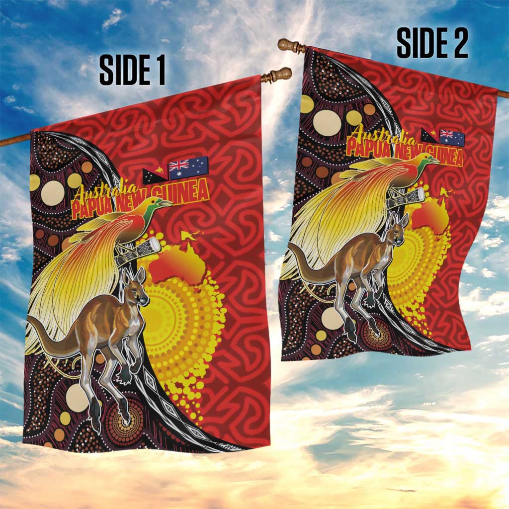 Australia and Papua New Guinea Together Garden Flag Bird-of-paradise and Kangaroo with Oro Tapa and Aboriginal Art Motifs - Aussie Hoodie