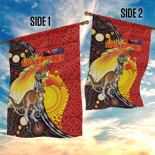 Australia and Papua New Guinea Together Garden Flag Bird-of-paradise and Kangaroo with Oro Tapa and Aboriginal Art Motifs - Aussie Hoodie