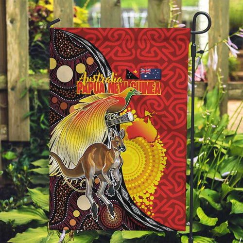 Australia and Papua New Guinea Together Garden Flag Bird-of-paradise and Kangaroo with Oro Tapa and Aboriginal Art Motifs - Aussie Hoodie