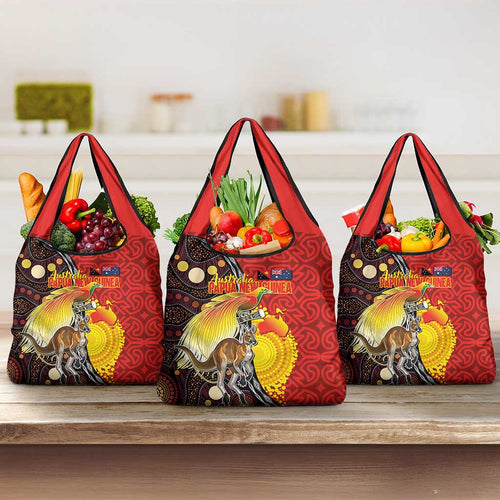 Australia and Papua New Guinea Together Grocery Bag Bird-of-paradise and Kangaroo with Oro Tapa and Aboriginal Art Motifs - Aussie Hoodie