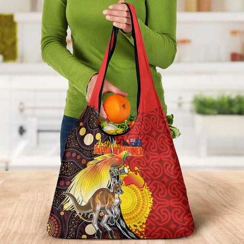 Australia and Papua New Guinea Together Grocery Bag Bird-of-paradise and Kangaroo with Oro Tapa and Aboriginal Art Motifs - Aussie Hoodie