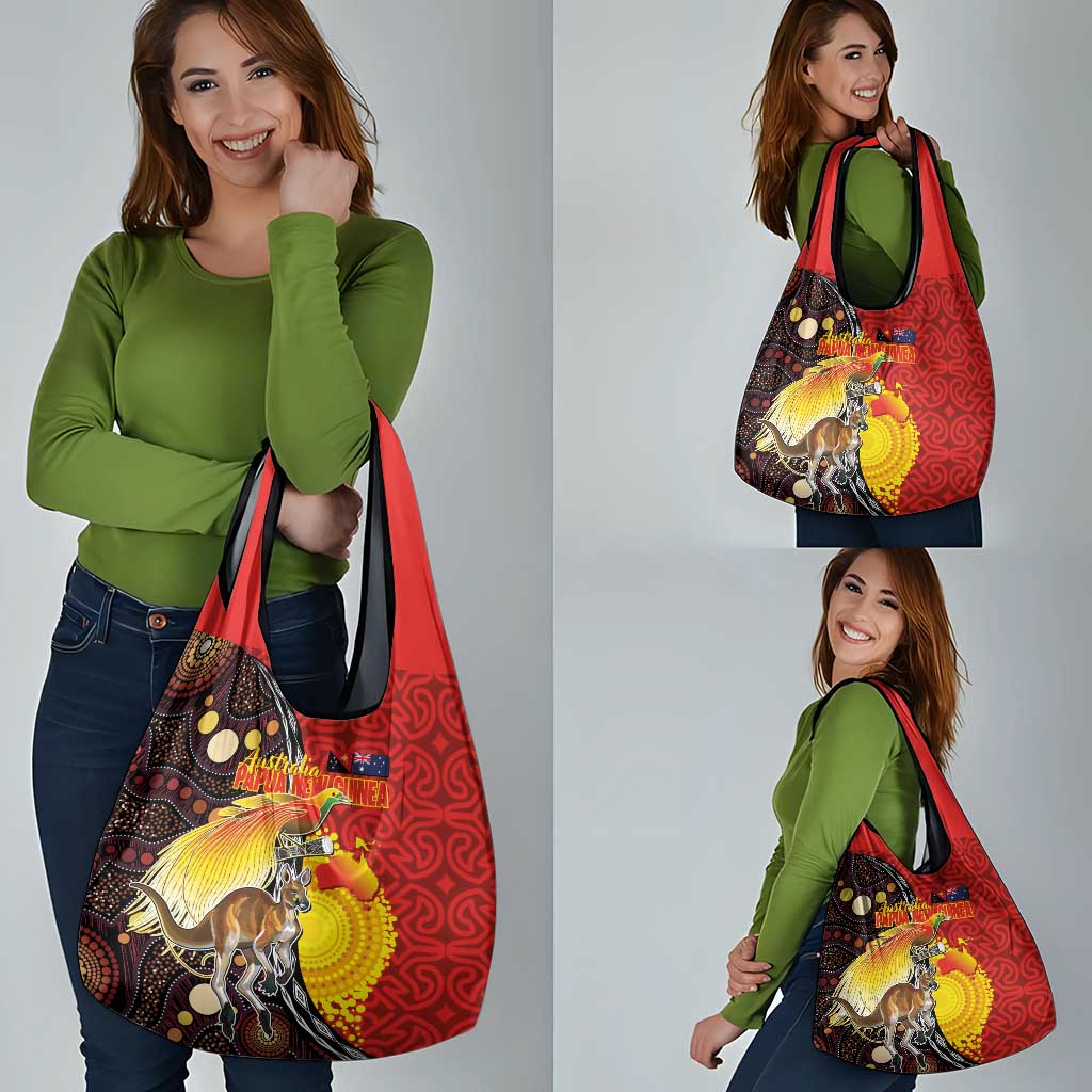 Australia and Papua New Guinea Together Grocery Bag Bird-of-paradise and Kangaroo with Oro Tapa and Aboriginal Art Motifs - Aussie Hoodie