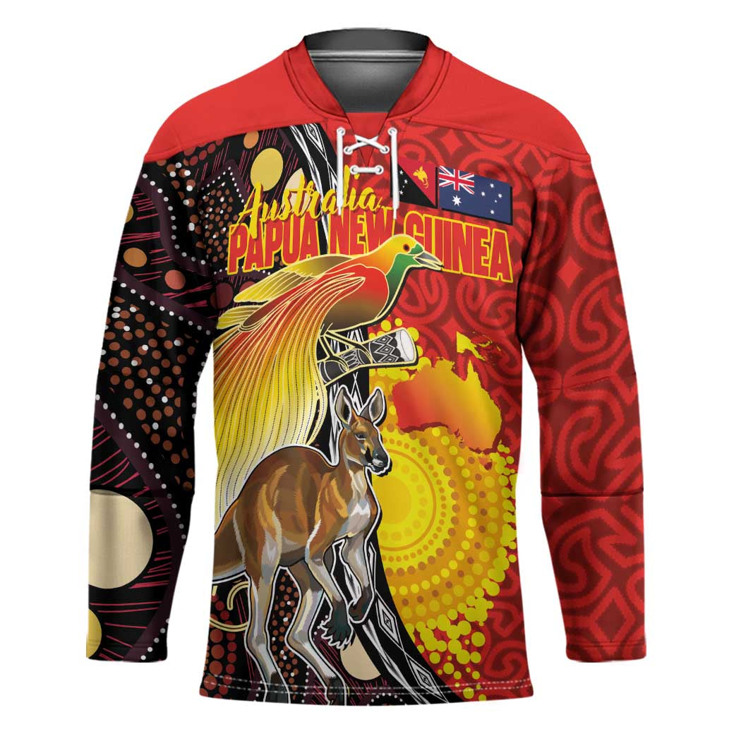 Australia and Papua New Guinea Together Hockey Jersey Bird-of-paradise and Kangaroo with Oro Tapa and Aboriginal Art Motifs - Aussie Hoodie