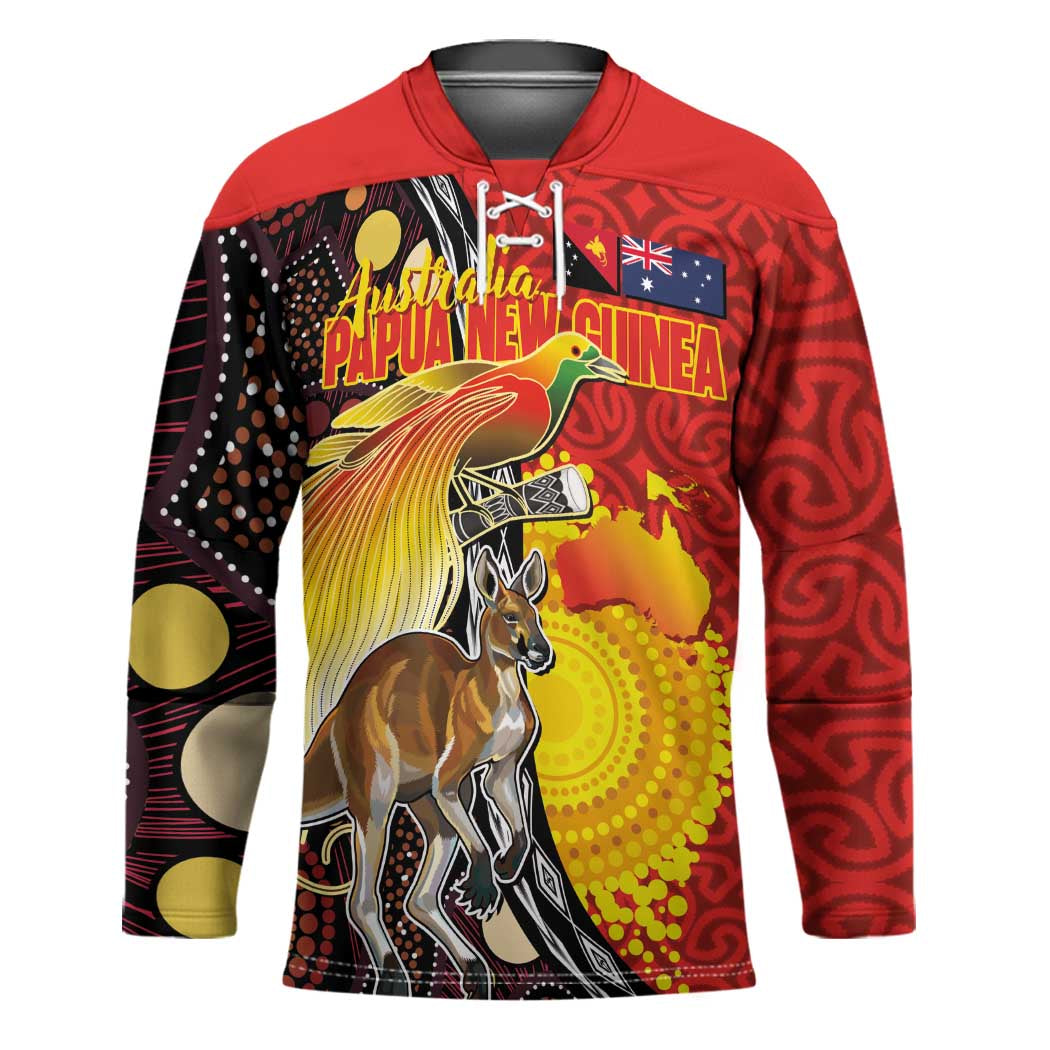 Australia and Papua New Guinea Together Hockey Jersey Bird-of-paradise and Kangaroo with Oro Tapa and Aboriginal Art Motifs - Aussie Hoodie