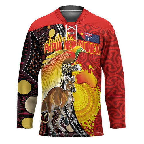 Australia and Papua New Guinea Together Hockey Jersey Bird-of-paradise and Kangaroo with Oro Tapa and Aboriginal Art Motifs - Aussie Hoodie