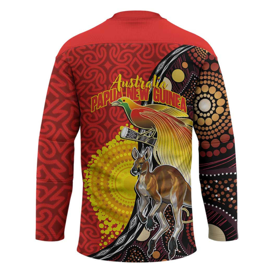 Australia and Papua New Guinea Together Hockey Jersey Bird-of-paradise and Kangaroo with Oro Tapa and Aboriginal Art Motifs - Aussie Hoodie