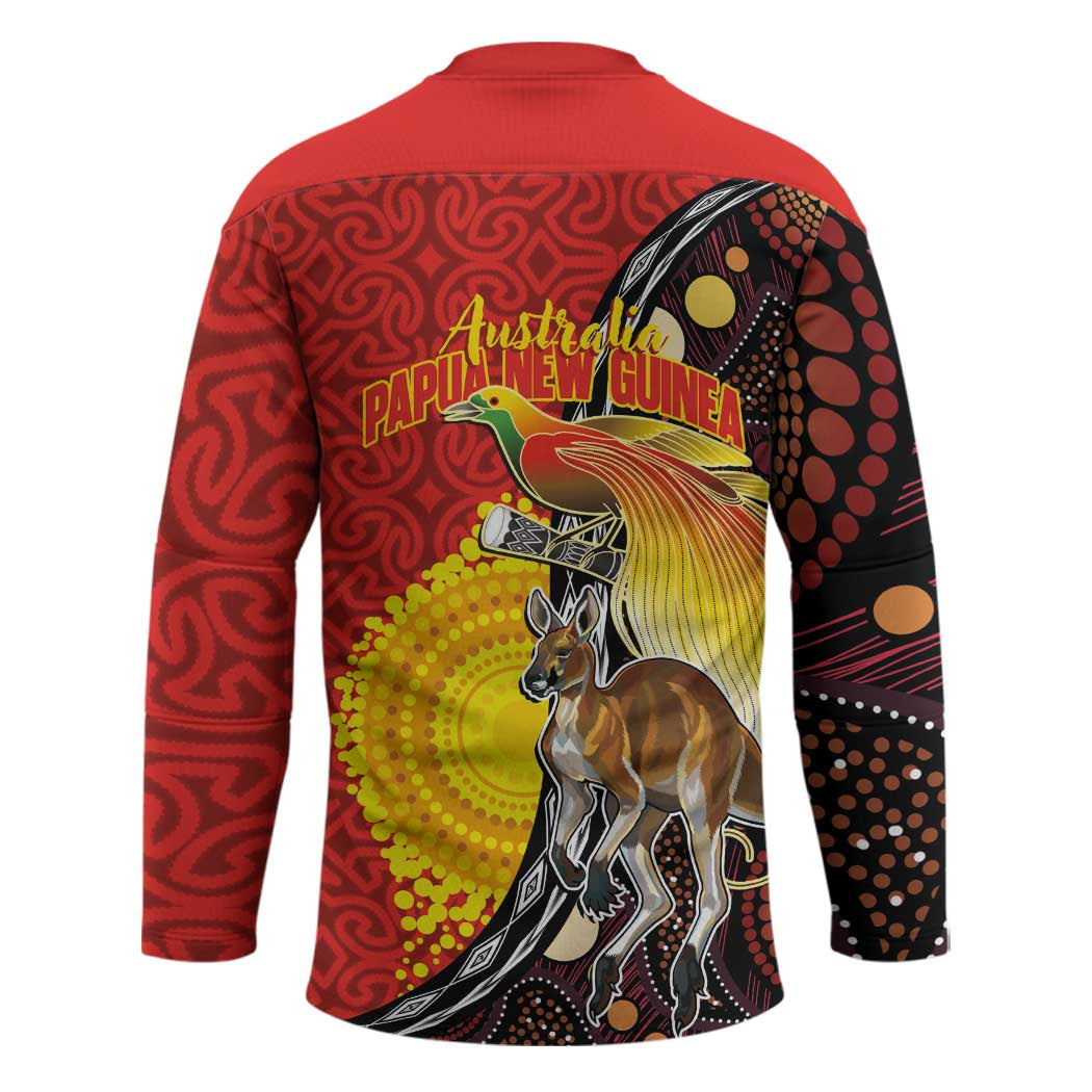 Australia and Papua New Guinea Together Hockey Jersey Bird-of-paradise and Kangaroo with Oro Tapa and Aboriginal Art Motifs - Aussie Hoodie