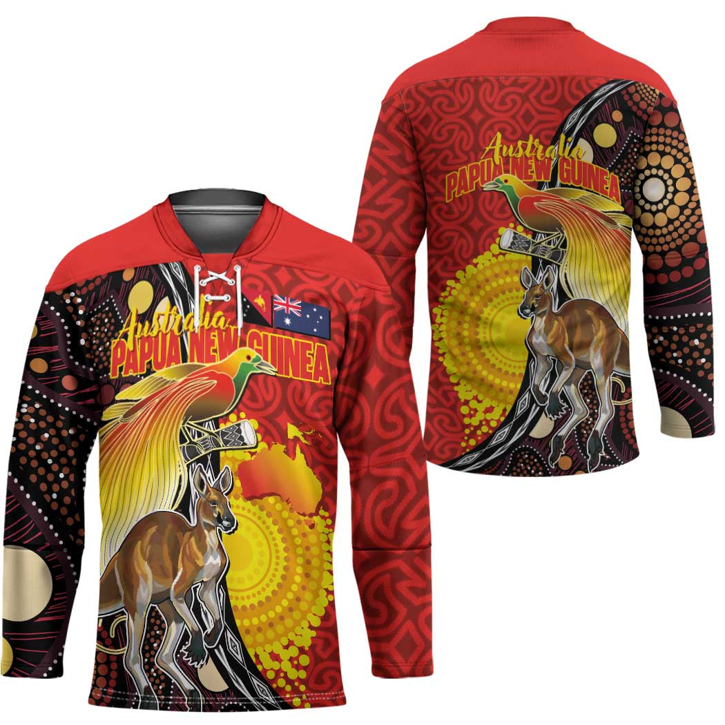 Australia and Papua New Guinea Together Hockey Jersey Bird-of-paradise and Kangaroo with Oro Tapa and Aboriginal Art Motifs - Aussie Hoodie