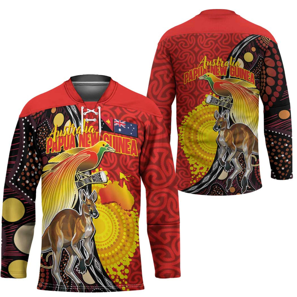 Australia and Papua New Guinea Together Hockey Jersey Bird-of-paradise and Kangaroo with Oro Tapa and Aboriginal Art Motifs - Aussie Hoodie