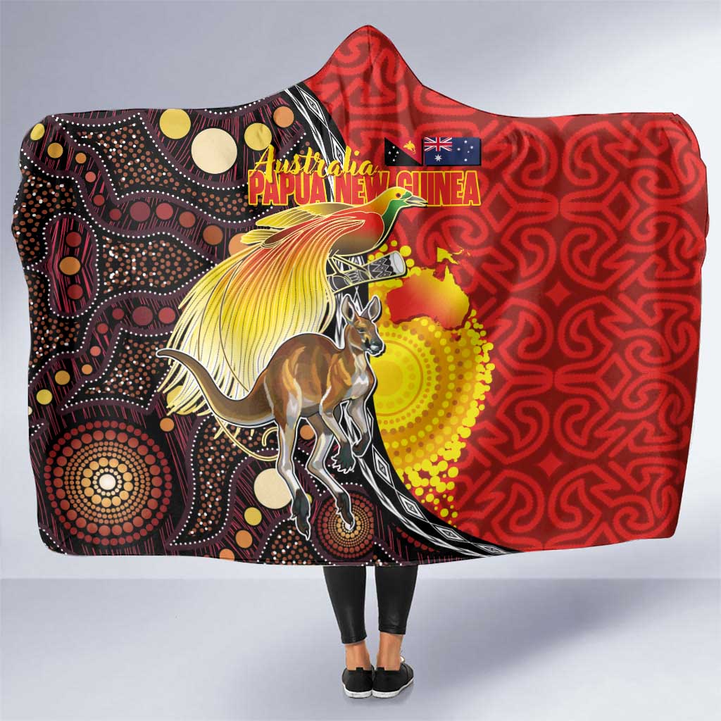 Australia and Papua New Guinea Together Hooded Blanket Bird-of-paradise and Kangaroo with Oro Tapa and Aboriginal Art Motifs - Aussie Hoodie
