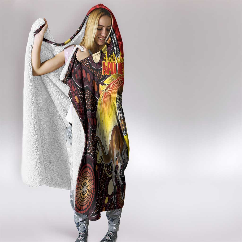 Australia and Papua New Guinea Together Hooded Blanket Bird-of-paradise and Kangaroo with Oro Tapa and Aboriginal Art Motifs - Aussie Hoodie