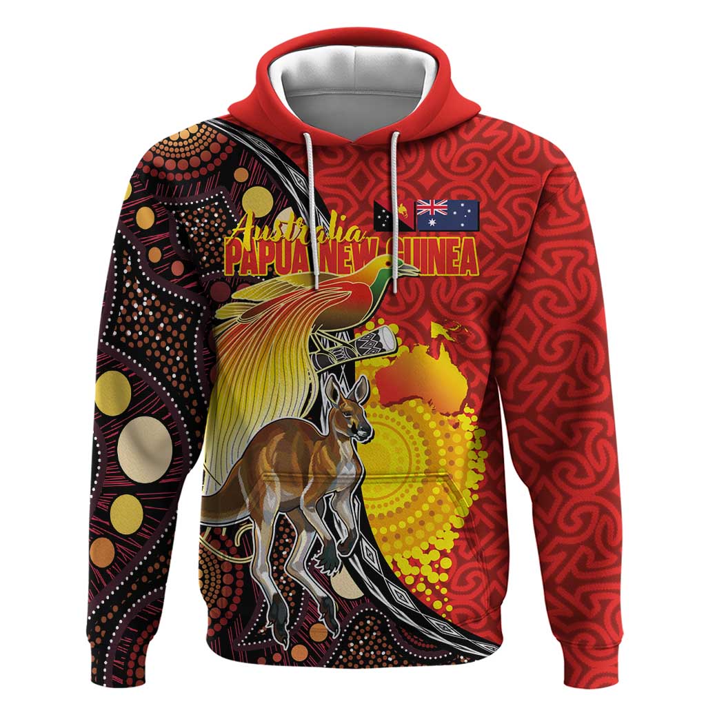 Australia and Papua New Guinea Together Hoodie Bird-of-paradise and Kangaroo with Oro Tapa and Aboriginal Art Motifs - Aussie Hoodie