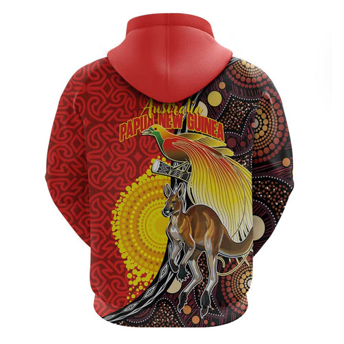Australia and Papua New Guinea Together Hoodie Bird-of-paradise and Kangaroo with Oro Tapa and Aboriginal Art Motifs - Aussie Hoodie