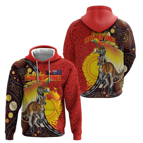 Australia and Papua New Guinea Together Hoodie Bird-of-paradise and Kangaroo with Oro Tapa and Aboriginal Art Motifs - Aussie Hoodie