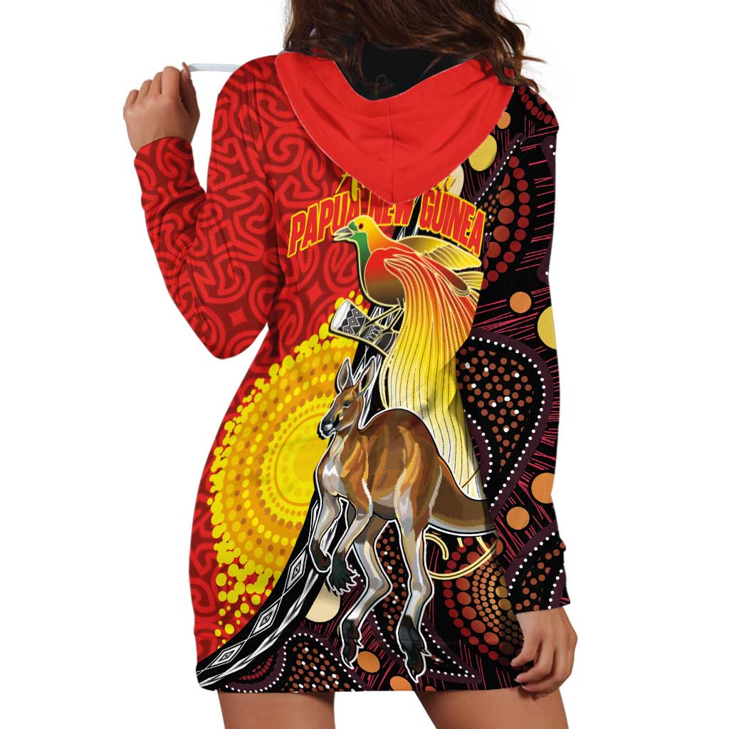 Australia and Papua New Guinea Together Hoodie Dress Bird-of-paradise and Kangaroo with Oro Tapa and Aboriginal Art Motifs - Aussie Hoodie