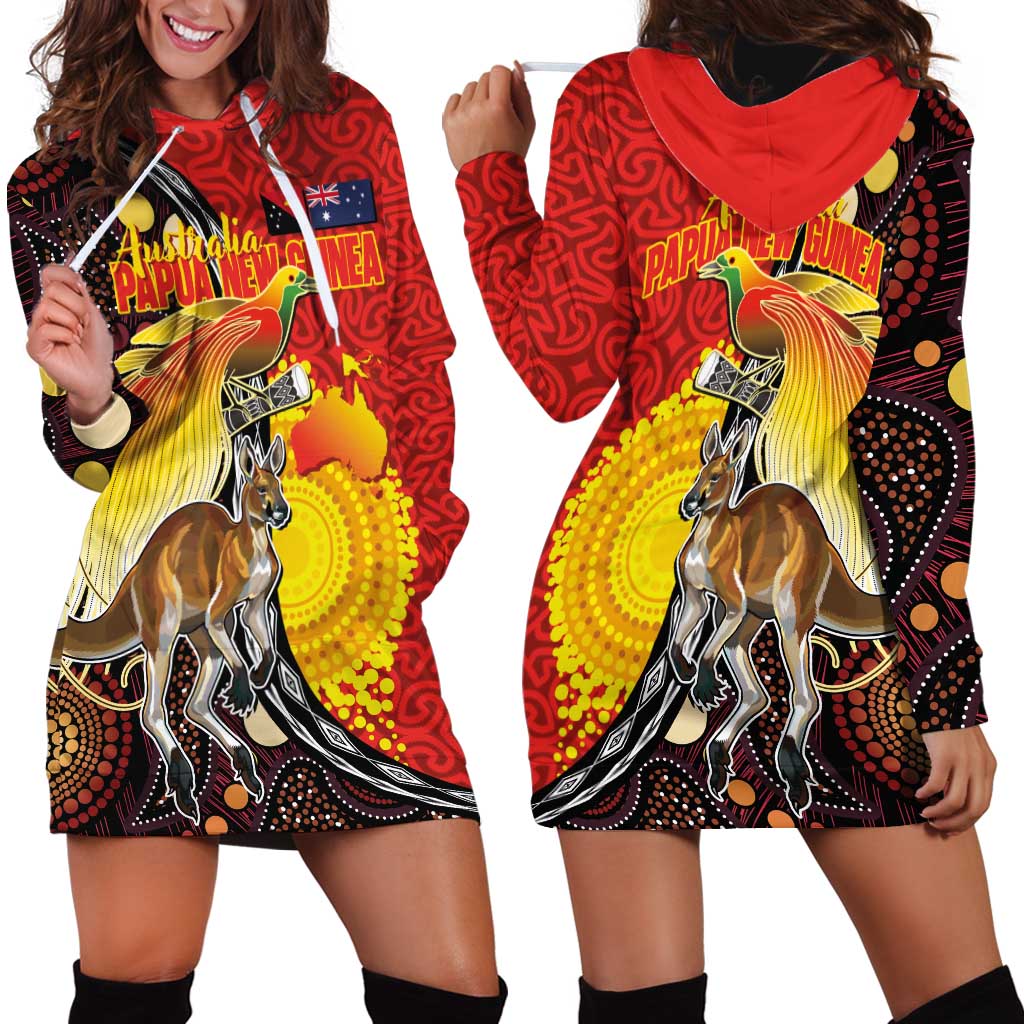 Australia and Papua New Guinea Together Hoodie Dress Bird-of-paradise and Kangaroo with Oro Tapa and Aboriginal Art Motifs - Aussie Hoodie