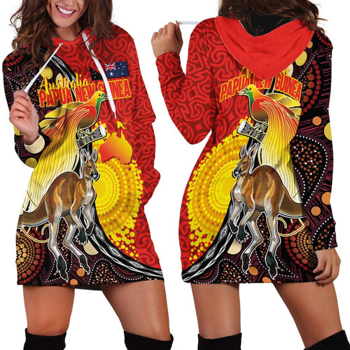 Australia and Papua New Guinea Together Hoodie Dress Bird-of-paradise and Kangaroo with Oro Tapa and Aboriginal Art Motifs - Aussie Hoodie