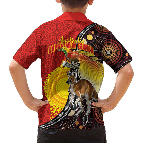 Australia and Papua New Guinea Together Kid Hawaiian Shirt Bird-of-paradise and Kangaroo with Oro Tapa and Aboriginal Art Motifs - Aussie Hoodie