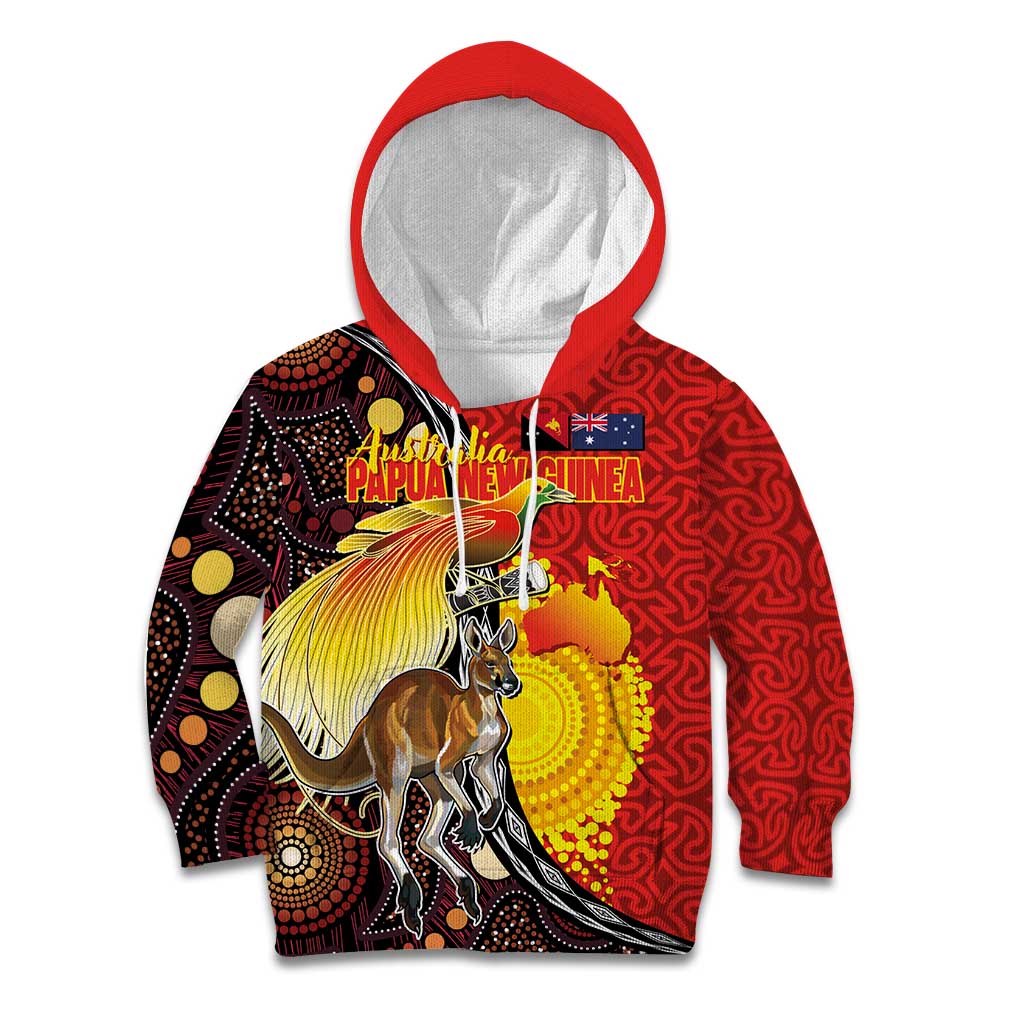 Australia and Papua New Guinea Together Kid Hoodie Bird-of-paradise and Kangaroo with Oro Tapa and Aboriginal Art Motifs - Aussie Hoodie