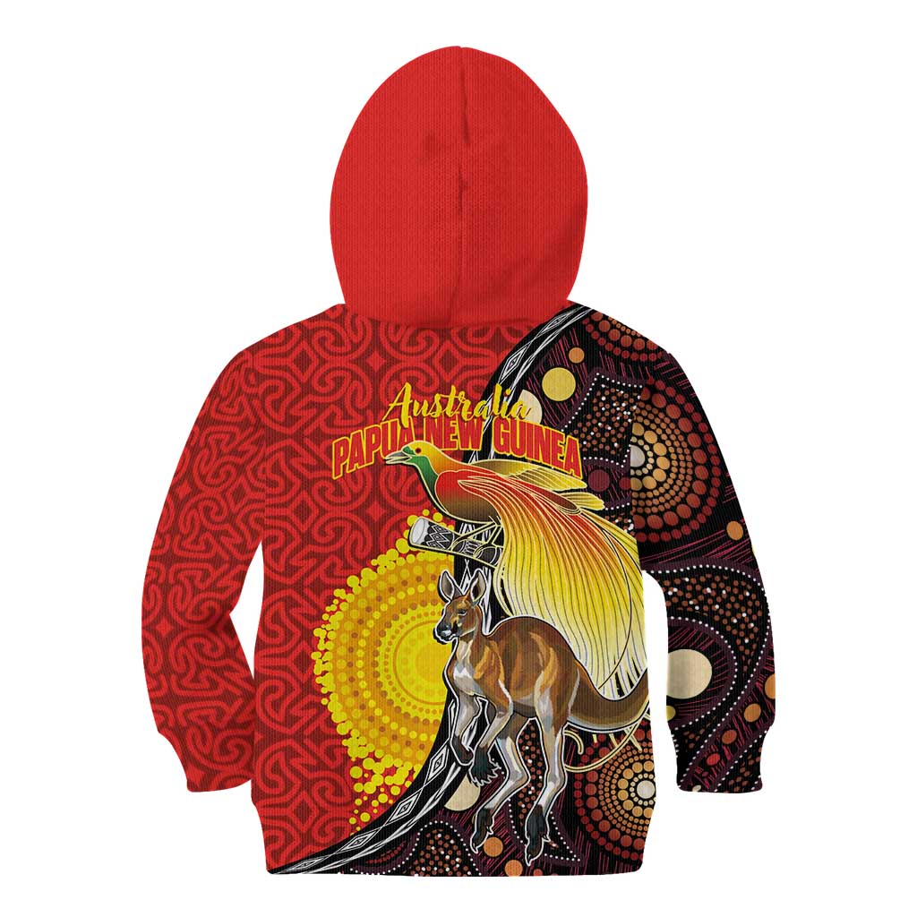 Australia and Papua New Guinea Together Kid Hoodie Bird-of-paradise and Kangaroo with Oro Tapa and Aboriginal Art Motifs - Aussie Hoodie