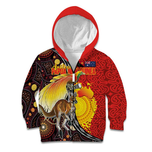 Australia and Papua New Guinea Together Kid Hoodie Bird-of-paradise and Kangaroo with Oro Tapa and Aboriginal Art Motifs - Aussie Hoodie