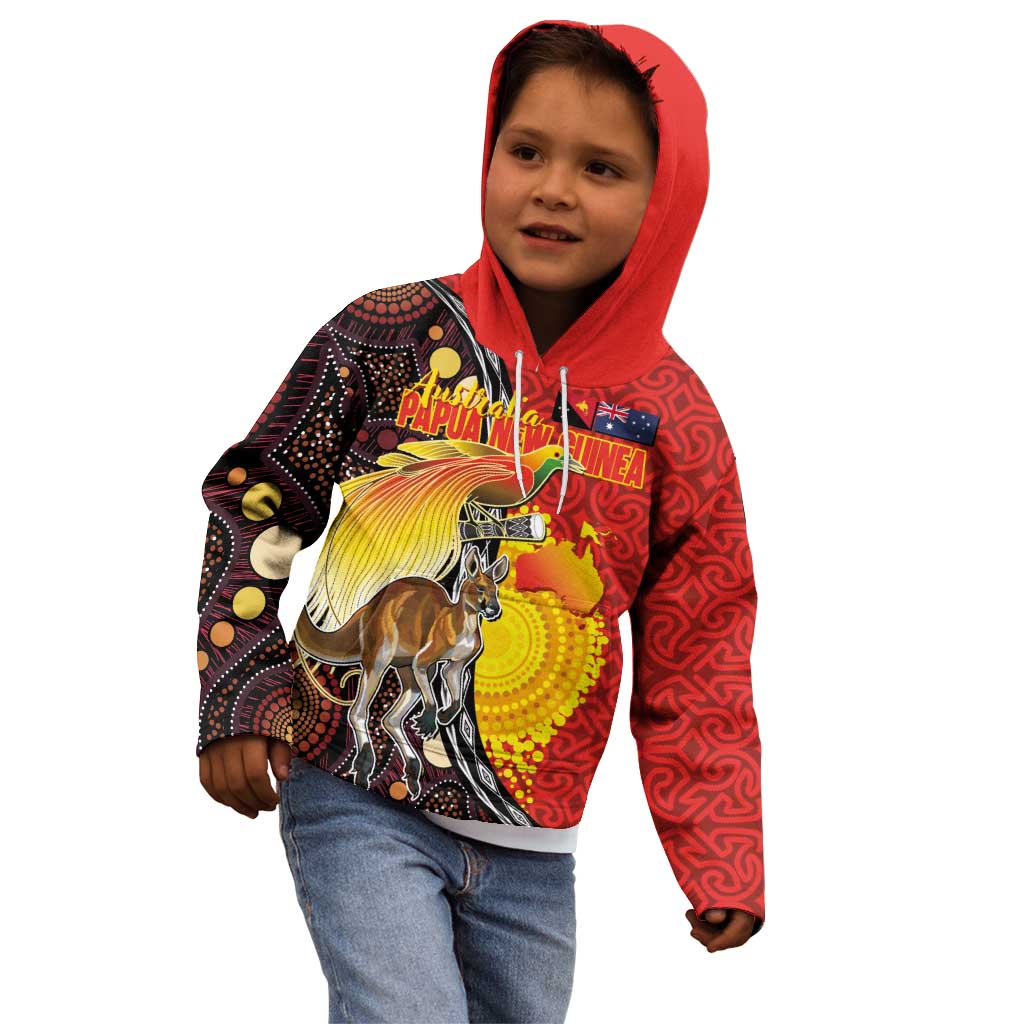 Australia and Papua New Guinea Together Kid Hoodie Bird-of-paradise and Kangaroo with Oro Tapa and Aboriginal Art Motifs - Aussie Hoodie