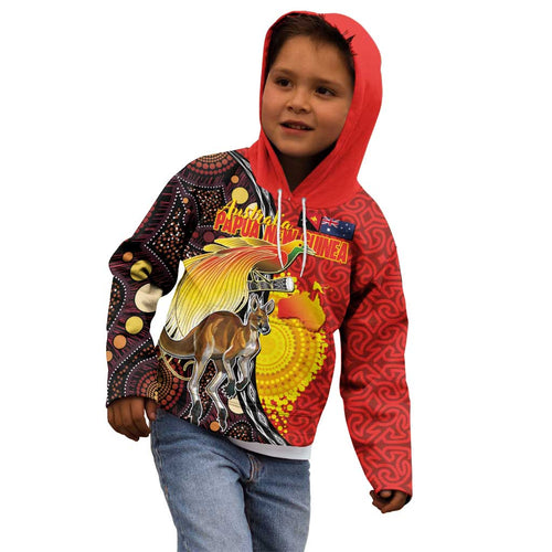 Australia and Papua New Guinea Together Kid Hoodie Bird-of-paradise and Kangaroo with Oro Tapa and Aboriginal Art Motifs - Aussie Hoodie