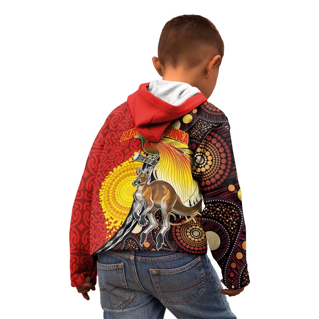 Australia and Papua New Guinea Together Kid Hoodie Bird-of-paradise and Kangaroo with Oro Tapa and Aboriginal Art Motifs - Aussie Hoodie