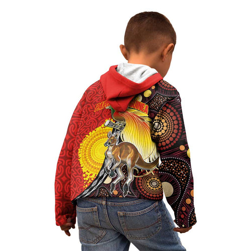 Australia and Papua New Guinea Together Kid Hoodie Bird-of-paradise and Kangaroo with Oro Tapa and Aboriginal Art Motifs - Aussie Hoodie