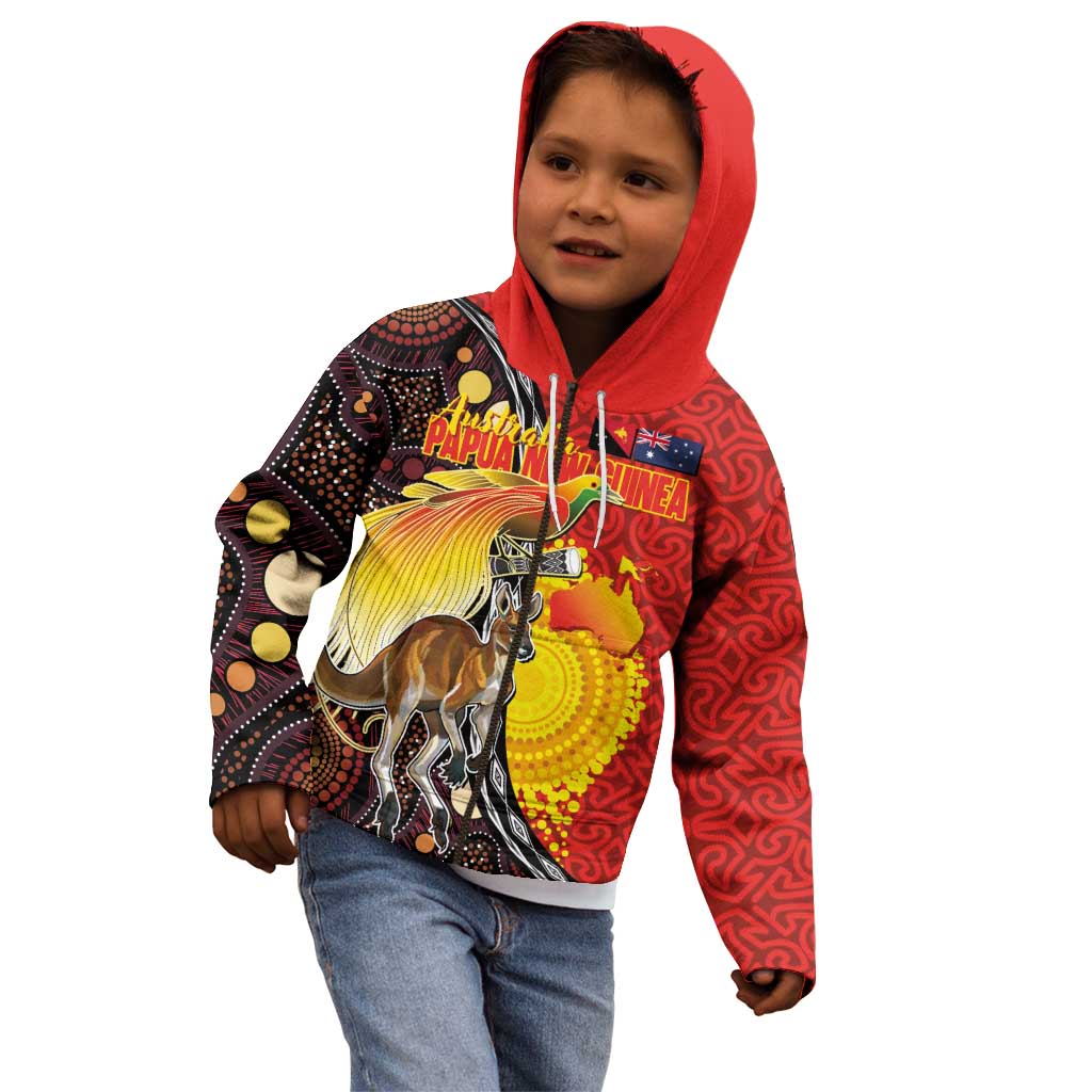 Australia and Papua New Guinea Together Kid Hoodie Bird-of-paradise and Kangaroo with Oro Tapa and Aboriginal Art Motifs - Aussie Hoodie